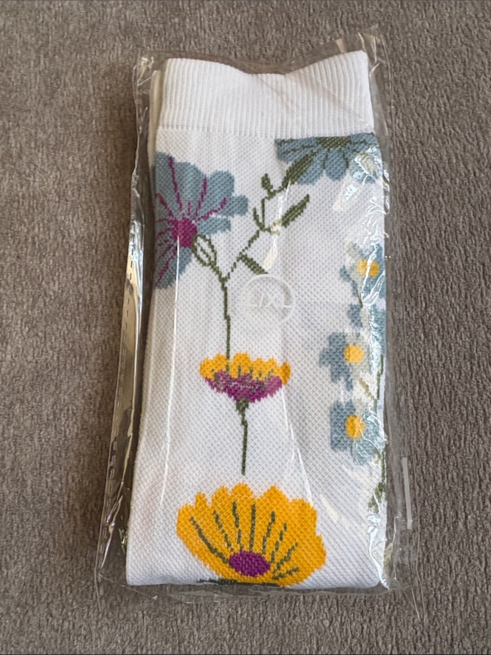 Floral Knit White Ankle Socks with Yellow & Purple Blooms